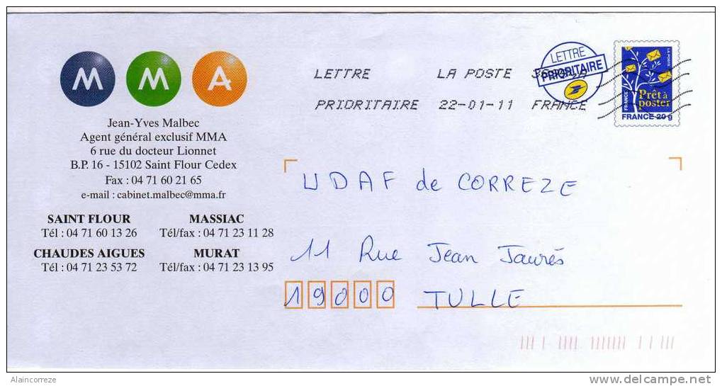 Entier Postal PAP Repiqué Cantal St Flour Massiac Chaudes Aigues Murat MMA Mutuelles Du Mans Assurances - PAP: Private Aufdrucke