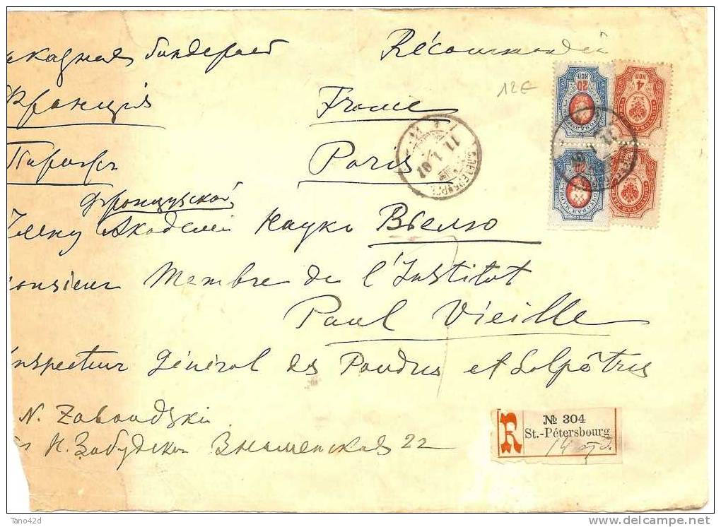 REF LVP8 - EMPIRE RUSSE FRONT DE LETTRE RECOMMANDEE ST PETERSBOURG  / PARIS JANVIER 1901 - Briefe U. Dokumente