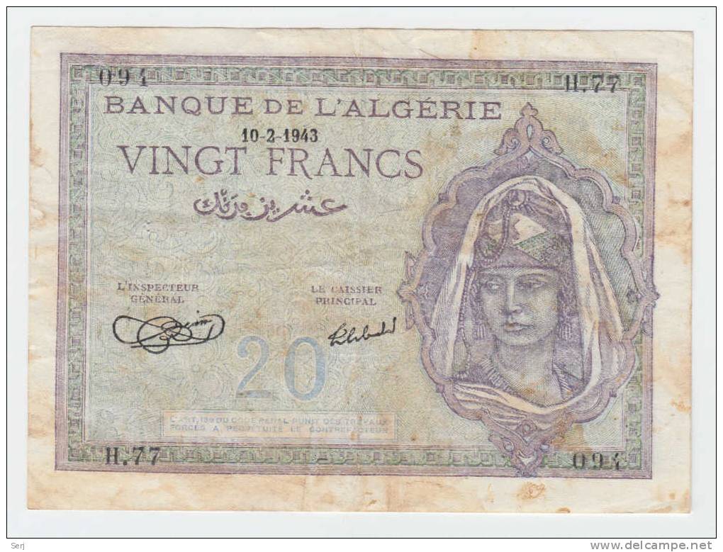 ALGERIA ALGERIE 20 FRANCS 1943 P 92a 92 A - Algeria