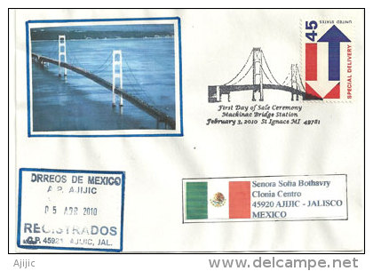 Mackinac Bridge,(the Longest Suspension Bridge 2626m), Michigan. Oblit. Temp. Illustrée Sur Lettre Adressee Au Mexique - Ponti