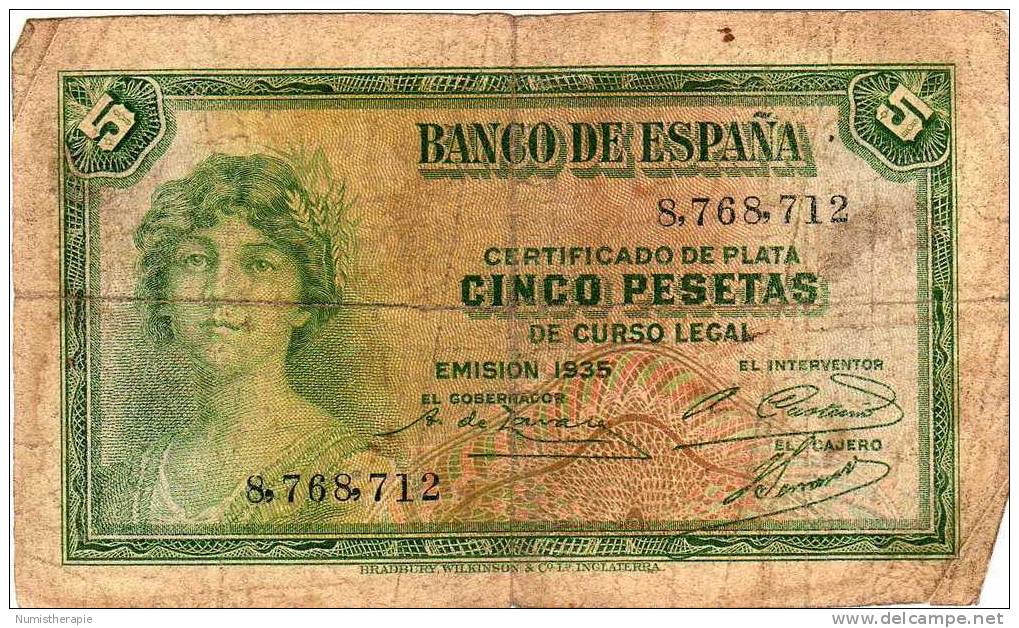 Espagne : 5 Pesetas 1935 (très Mauvais état) - 5 Pesetas