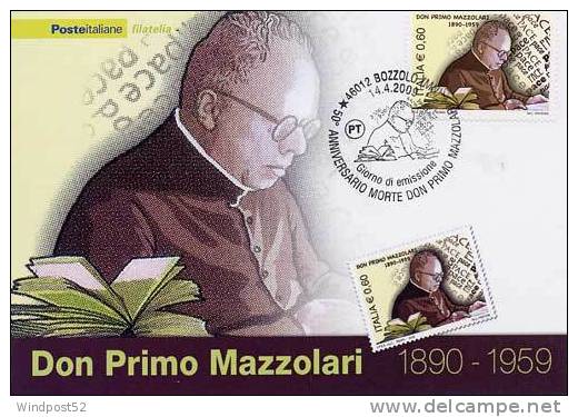 ITALIA CARTOLINA FILATELICA 2009 DON PRIMO MAZZOLARI OBLITERATO BOZZOLO ( MN ) 08 - Maximum Cards