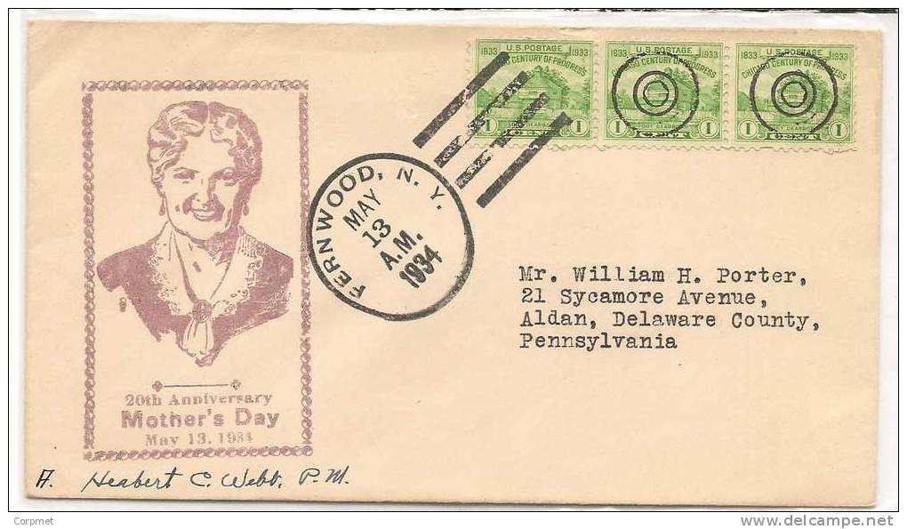 US - MOTHER´S DAY - 1934 CACHETED COVER From FERNWOOD, NY VF Trio Of CHICAGO CENTURY Stamps - Fête Des Mères