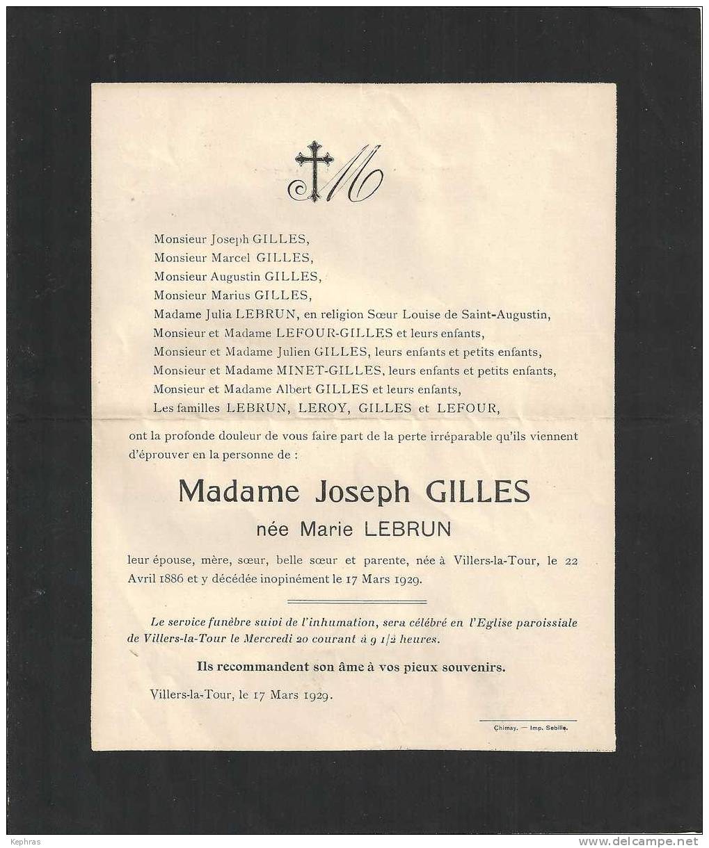 Souvenir Mortuaire Mme Joseph Gilles Née Marie Lebrun - VILLERS LA TOUR 1886 / 1929 - Autres & Non Classés