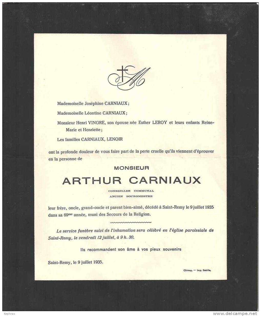 Souvenir Mortuaire Mr Arthur Carniaux- SAINT REMY LEZ  CHIMAY 1935 - Otros & Sin Clasificación