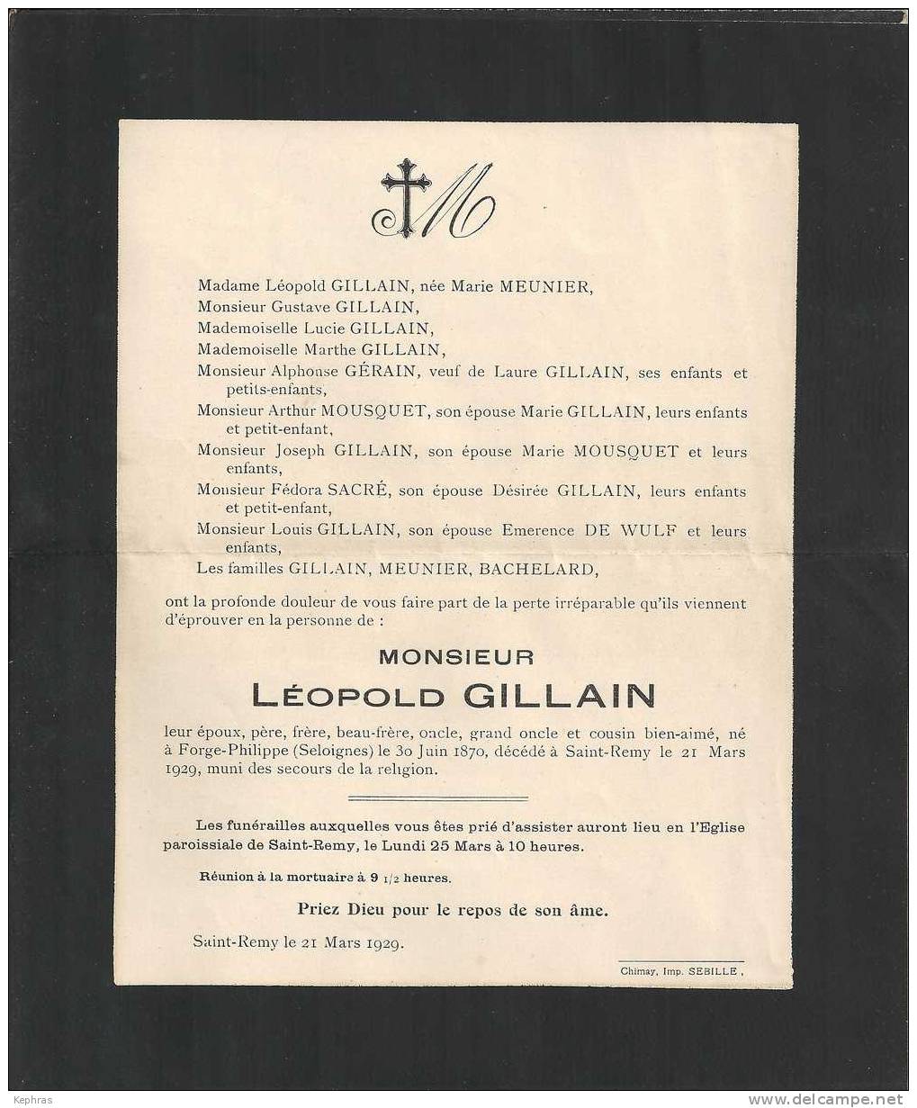 Souvenir Mortuaire Mr Léopold Gillain - FORGE-PHILIPPE 1870 / SAINT REMY LEZ CHIMAY 1929 - Sonstige & Ohne Zuordnung