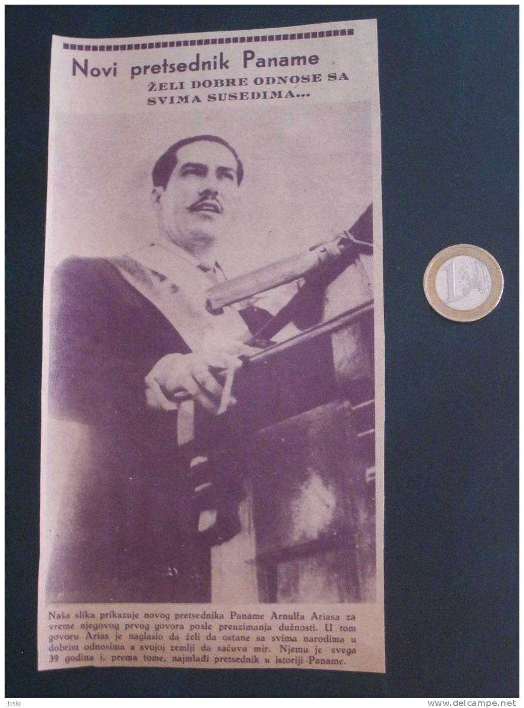 ARNULFO ARIAS New Panama President - Original Newspaper Clipping From \" Panorama \" Newspaper - Yugoslavia 1940. - Advertising