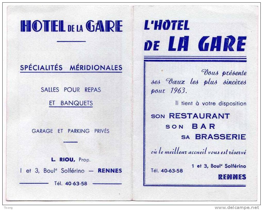 PUBLICITE ANCIENNE 1963 - HOTEL DE LA GARE RENNES - PETIT CALENDRIER 1963 - Petit Format : 1961-70