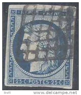 1850, Francia, Cerere Da Cent.25 Azzurro Scuro Usato Cat. Unificato Nr.4a - 1849-1850 Ceres
