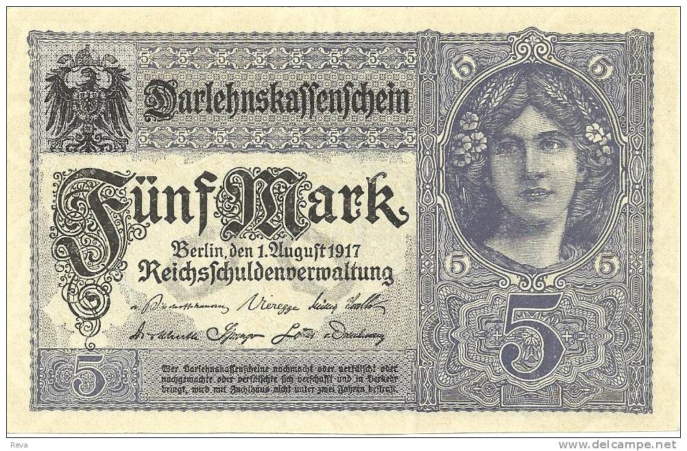GERMANY 5  MARK BLUE WOMAN FRONT &  MOTIF BACK DATED 1-08-1917 P.? UNC READ DESCRIPTION CAREFULLY !!! - 5 Mark