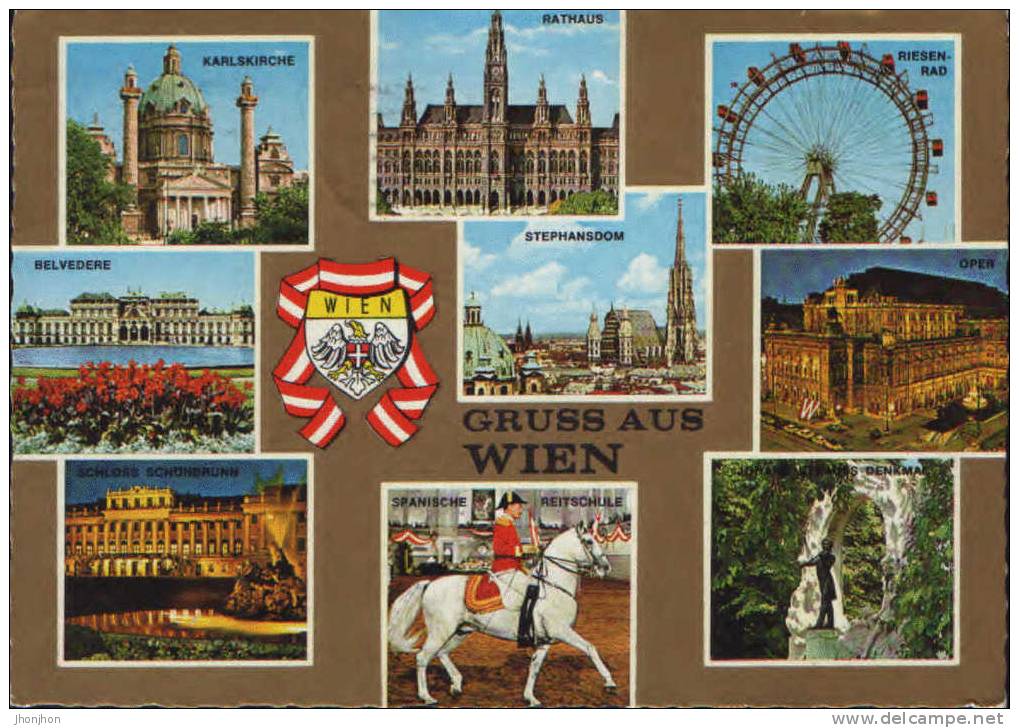Austria- Postcard 1969 - Vienna-Collage Of Images; Stamps On Verso Pairs - 2/scans - Belvedère