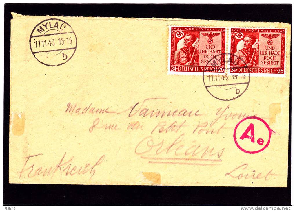 Lettre ALLEMAGNE Avec T. N° 782 X 2 Oblitérée à MYLAU Le 11.11.1943    Avec Cachet De Contrôle. - Storia Postale