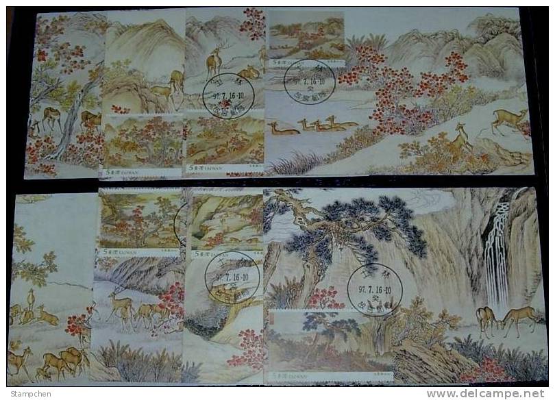 Maxi Cards(A) Taiwan 2008 Ancient Chinese Painting Stamps- Hundred Deer Pine Forest Mount Falls Waterfall - Maximumkaarten