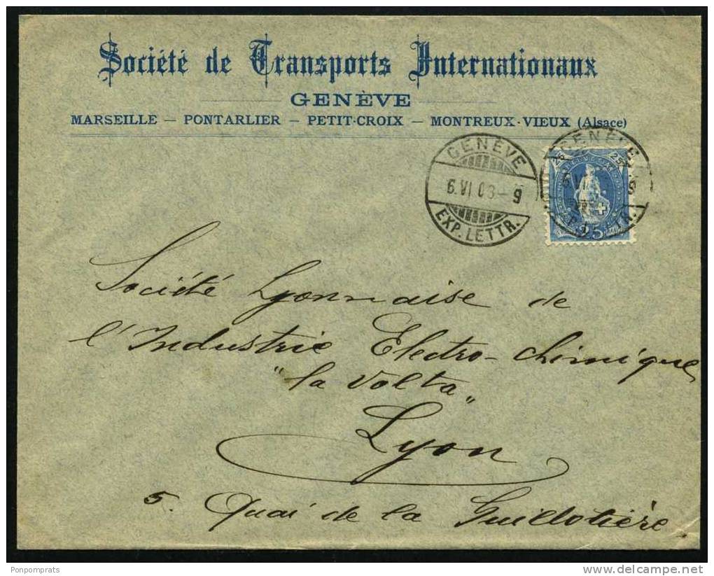 SUISSE : Enveloppe De GENEVE De 1903 Avec 25c HELVETIA Debout PERFOREE C.F. SOCIETE DES TRANSPORTS INTERNATIONAUX - Lettres & Documents