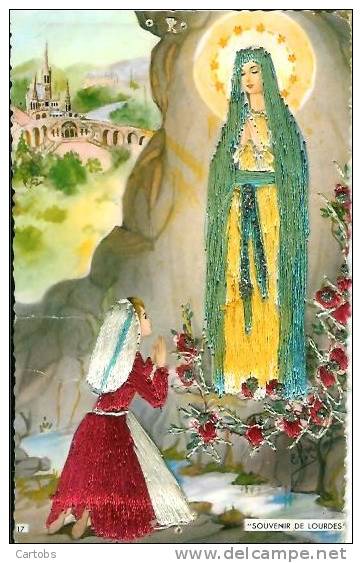 Carte Brodée  Représentant La Sainte Vierge Et Bernadette à Lourdes - Embroidered
