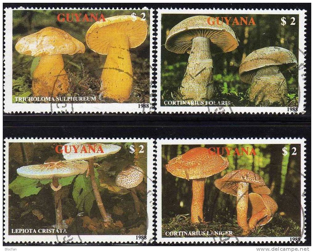 Pilze 1989 GUYANA 2480/4+Block 37 O 34&euro; Dickfuß Ritterling Schirmling Gürtelfuß Becherling Bloc Sheet Bf Of America - Nature