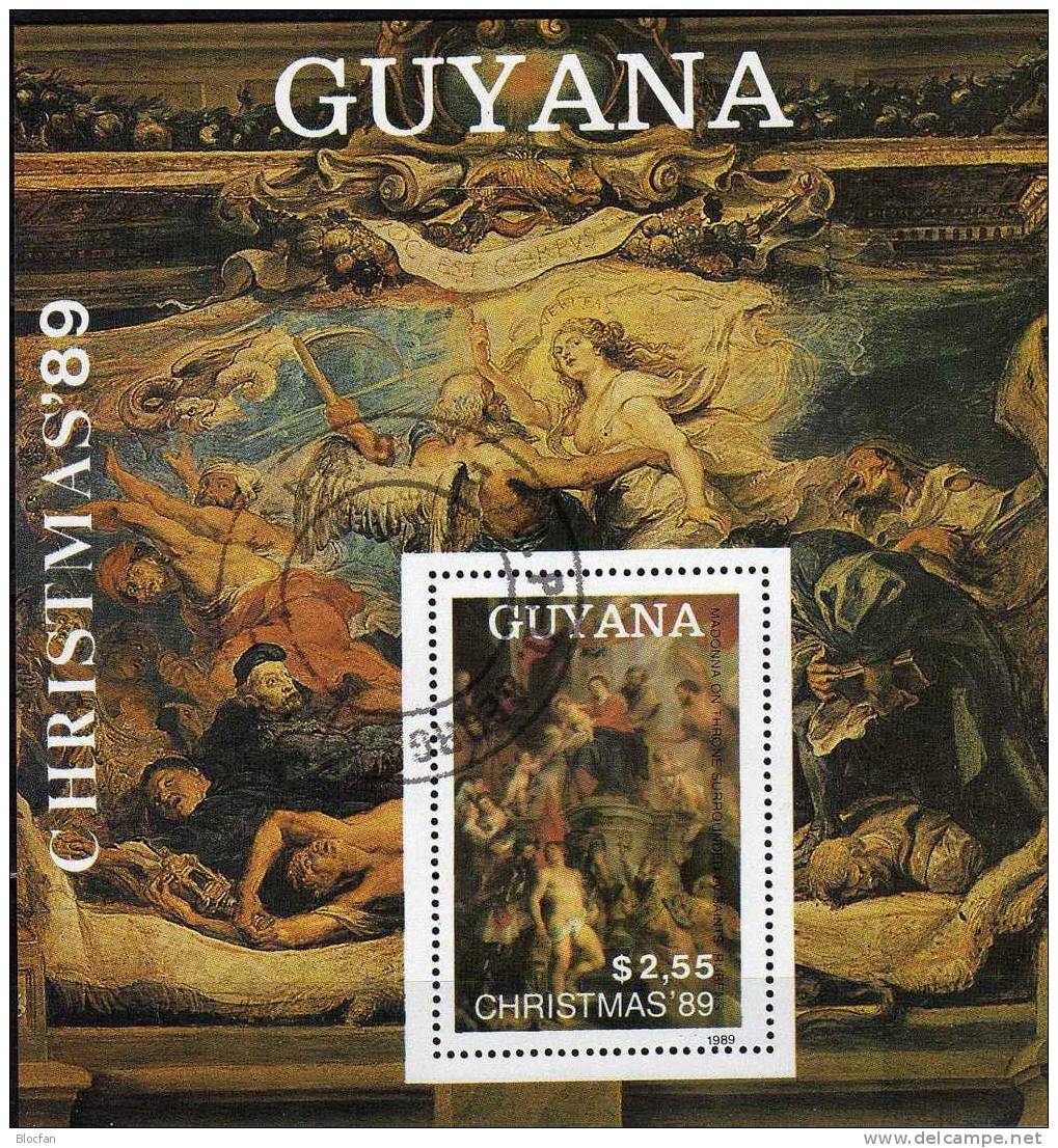 Weihnachten Gemälde Des Maler Tizian 1989 GUYANA 3072 Plus Block 72 O 17€ Christmas Bloc Art Sheet Of America - Guyane (1966-...)