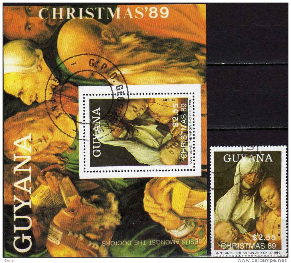 Weihnachten Gemälde Des Maler Dürer 1989 GUYANA 3074 Plus Block 74 O 17€ Christmas Bloc Art Sheet Of America - Guyane (1966-...)
