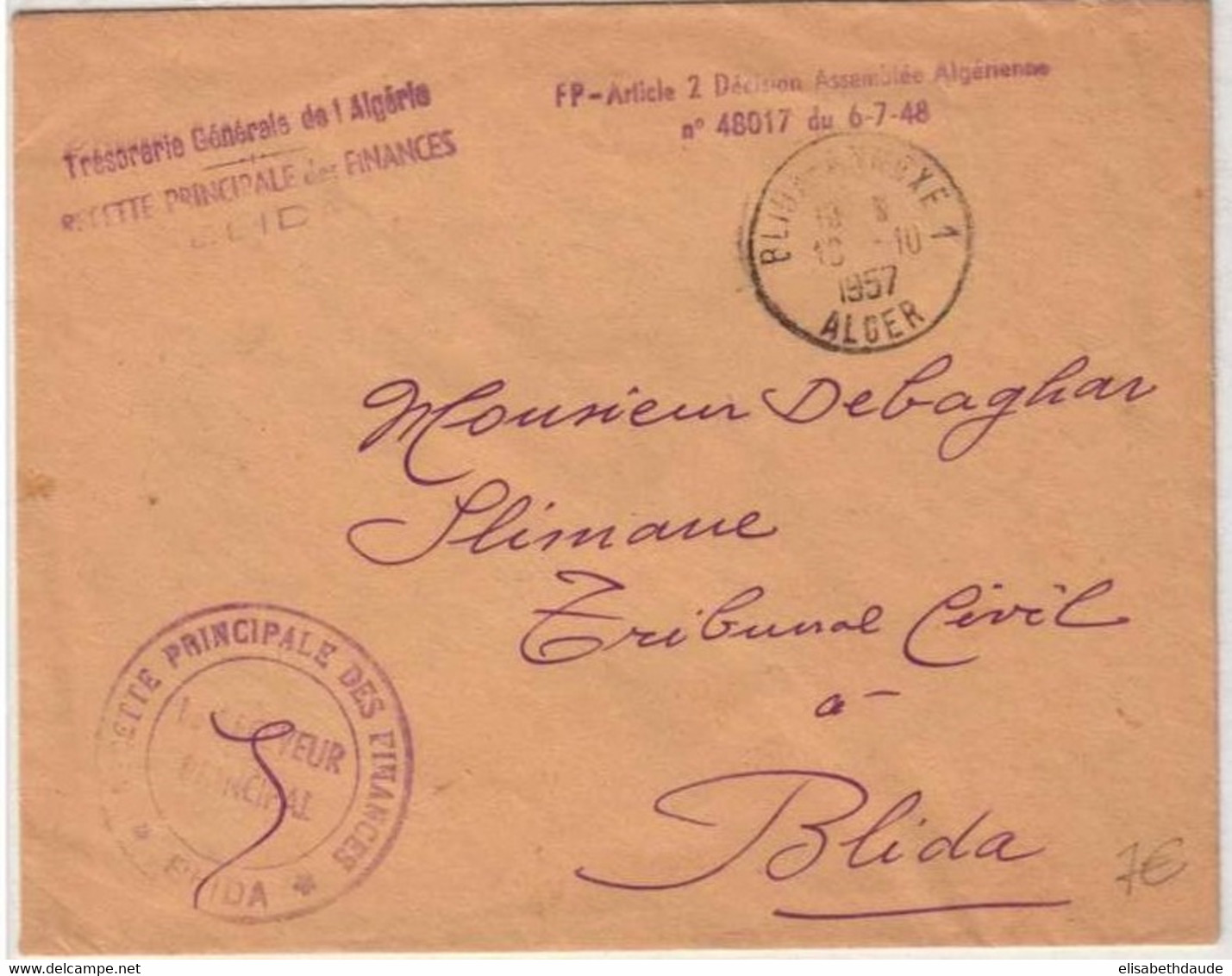 ALGERIE - 1957 - LETTRE En FRANCHISE POSTALE De La TRESORERIE GENERALE De BLIDA ANNEXE 1 - Storia Postale