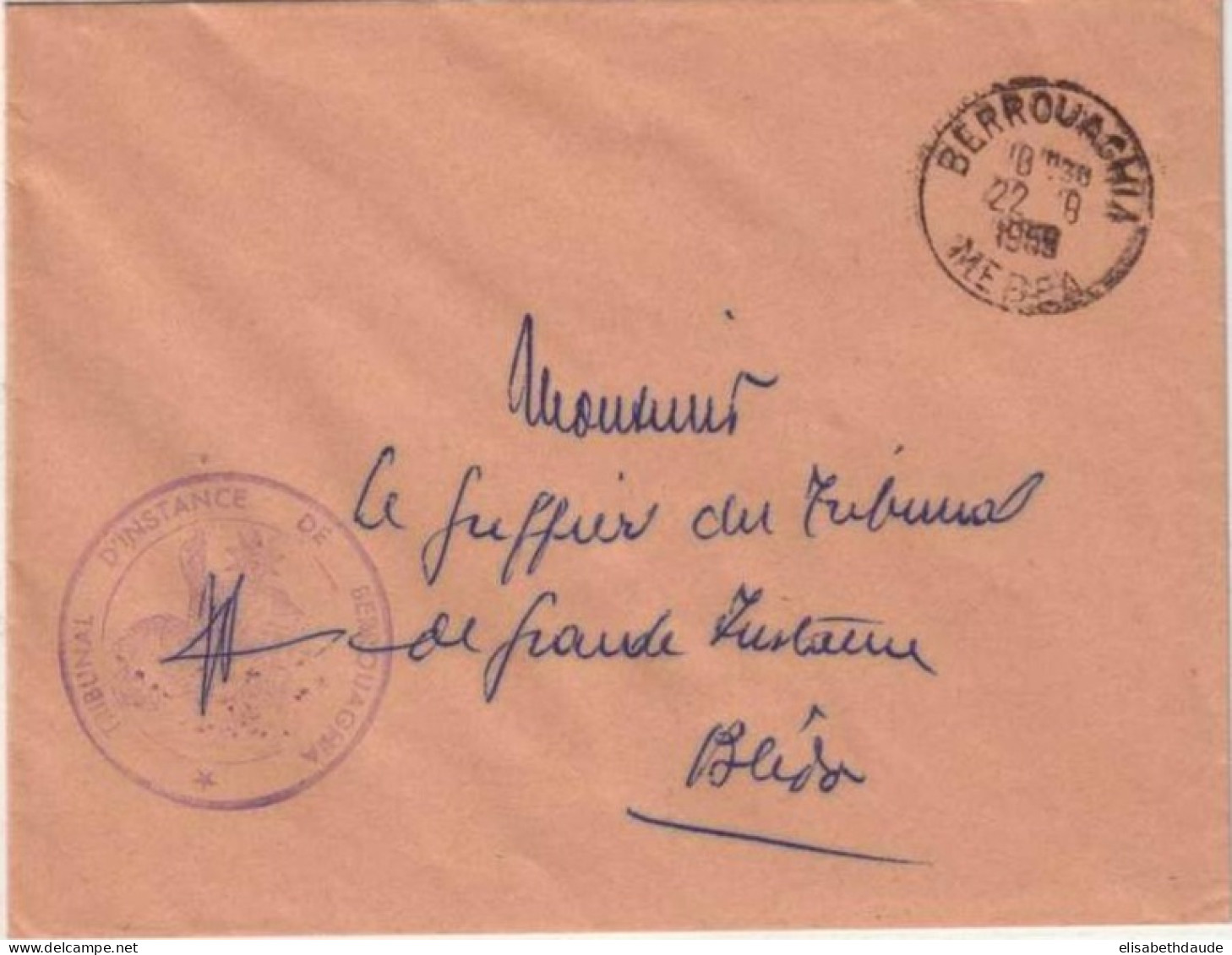 ALGERIE - 1959 - LETTRE En FRANCHISE POSTALE Du TRIBUNAL D'INSTANCE De BERROUAGHIA ! - Lettres & Documents