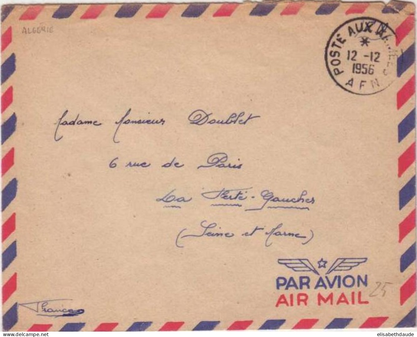 ALGERIE - 1956 - LETTRE PAR AVION En FRANCHISE POSTALE FM De La POSTE Aux ARMEE En AFN - SP 87715 - Cartas & Documentos