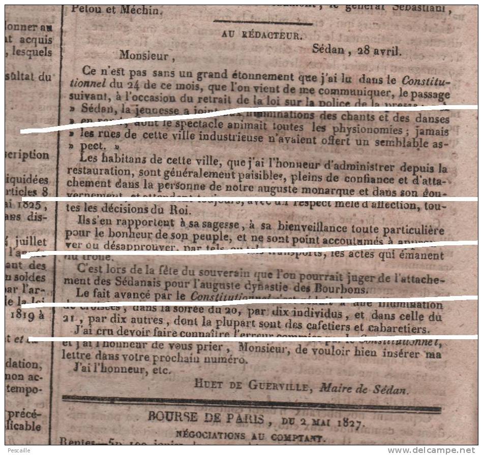 L´ETOILE 03 05 1827 - VEUVES DE MILITAIRES - DEBAT PEINE DE MORT - PENSIONS MILITAIRES - SEDAN - 1800 - 1849