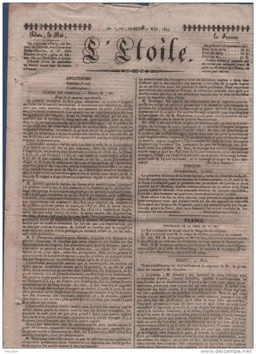 L´ETOILE 12 05 1827 - LONDRES MARINE MARCHANDE Gal GASCOYNE - AFFAIRE MAUBREUIL - MINISTRES DU ROI - PORTUGAL - 1800 - 1849