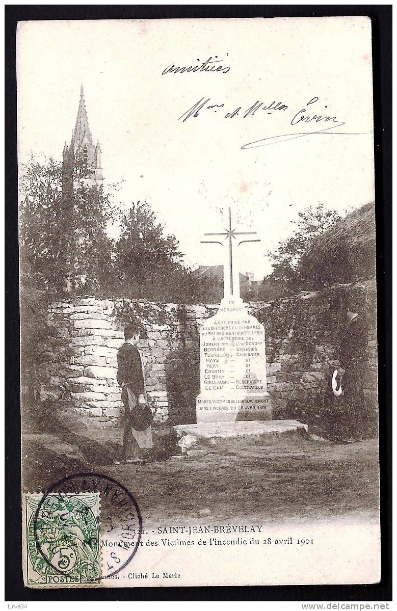CPA  PRECURSEUR- FRANCE- ST-JEAN-BREVELAY (56)- MONUMENT DES VICTIMES DE L´INCENDIE DE 1901- GROS PLAN ANIMÉ - Saint Jean Brevelay