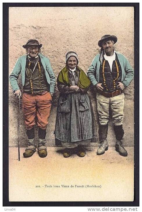 CPA  ANCIENNE- FRANCE- FAOUËT (56)- TROIS BONS VIEUX EN TENUE LOCALE AVEC COIFFE- TRES GROS PLAN COLORISÉ- - Faouët