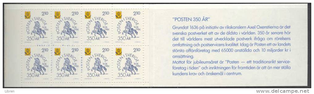 SWEDEN, SUEDE 1986 CARNET, BKLT YV C1363 300yr POSTAL SERVICE. COMPLETE BKLT. MNH, POSTFRIS, NEUF**. VERY FINE QUALITY. - 1981-..