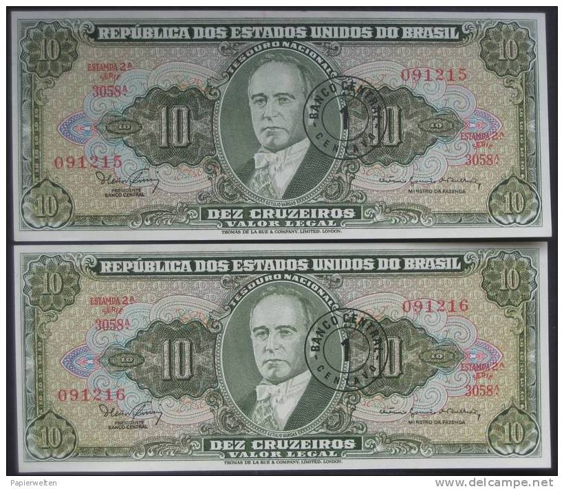 2 X 1 Centavo Over 10 Cruzeiros ND (WPM 183a) Subsequent Serial Numbers - Brazil