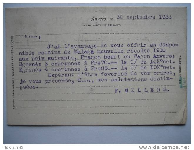 Prentkaart Publicitaire ANVERS 1933 -  Header F. WELLENS Fruits Secs-épiceries Fines-miels-sirops-sucres In ANTWERPEN - Antwerpen