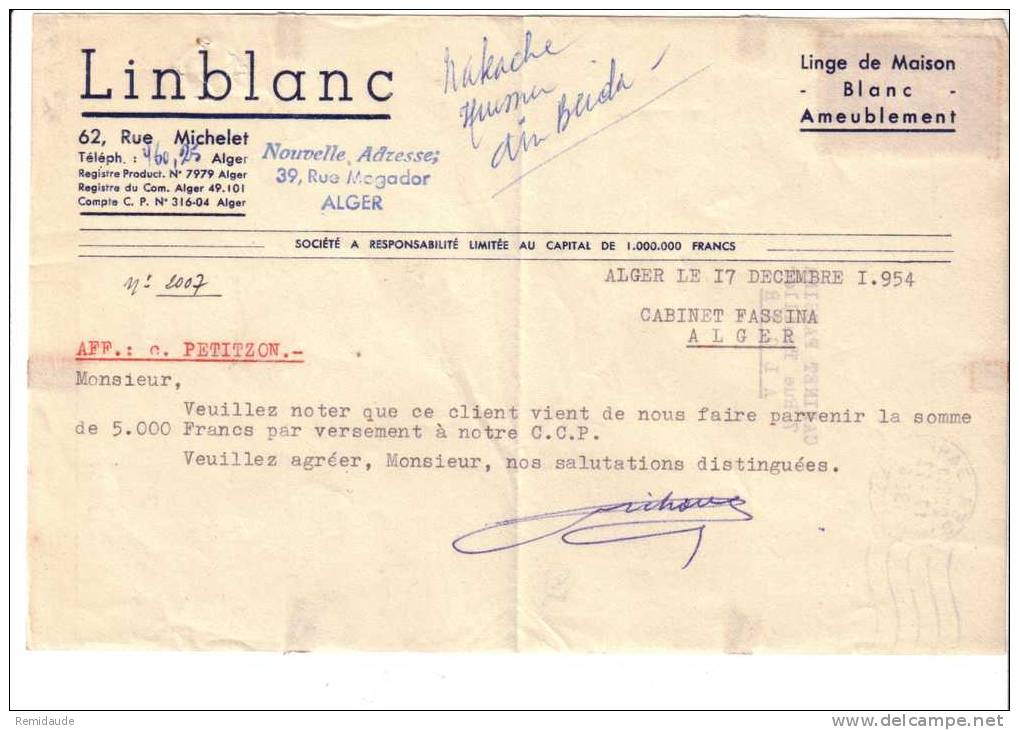 ALGERIE - 1954 -  Yvert N° 318 Seul Sur LETTRE COMMERCIALE De ALGER GARE - Cartas & Documentos