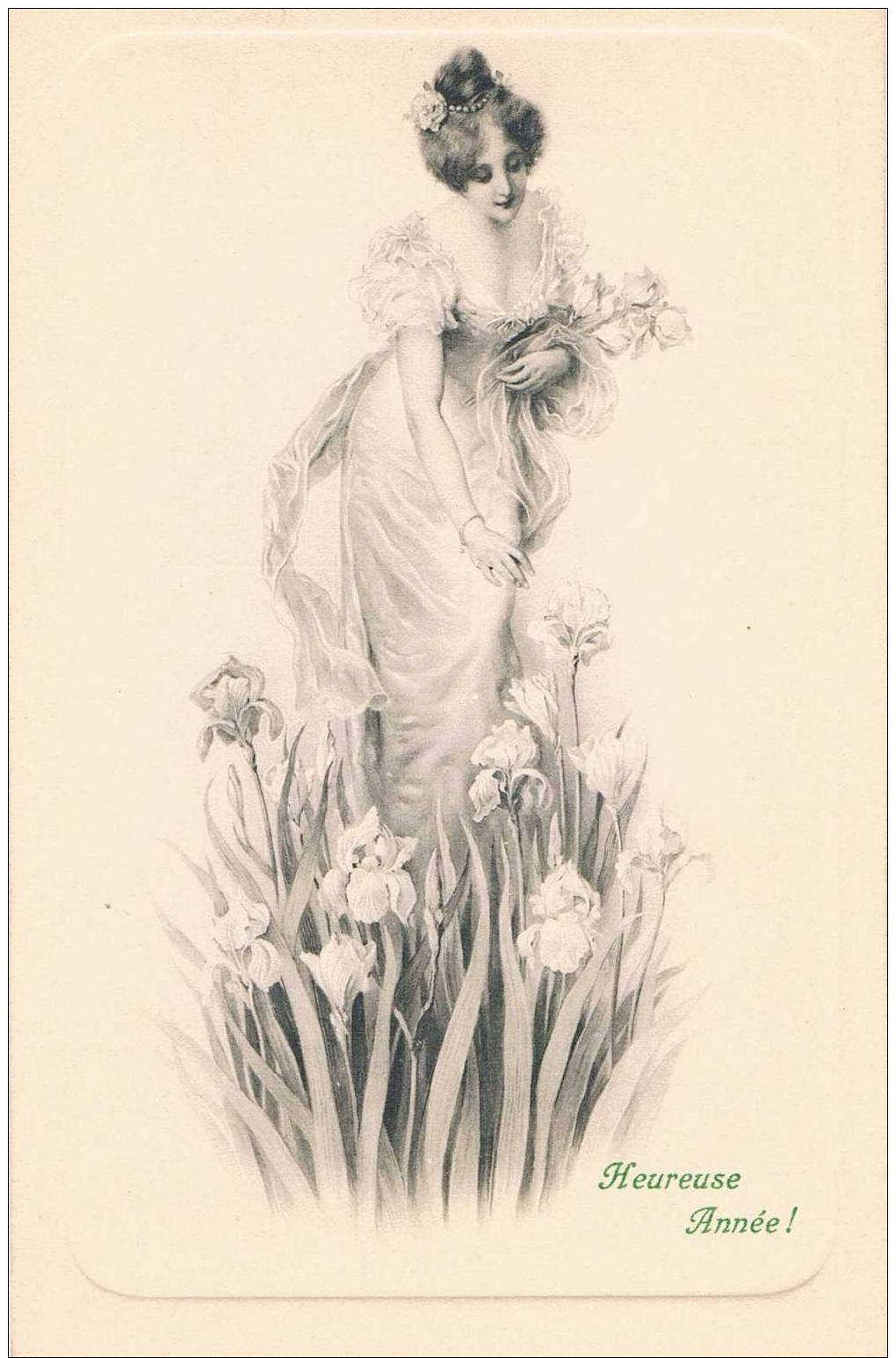 LOT DE 2 CARTES POSTALES - "heureuse Année" - Femme Aux Fleurs - Nouvel An