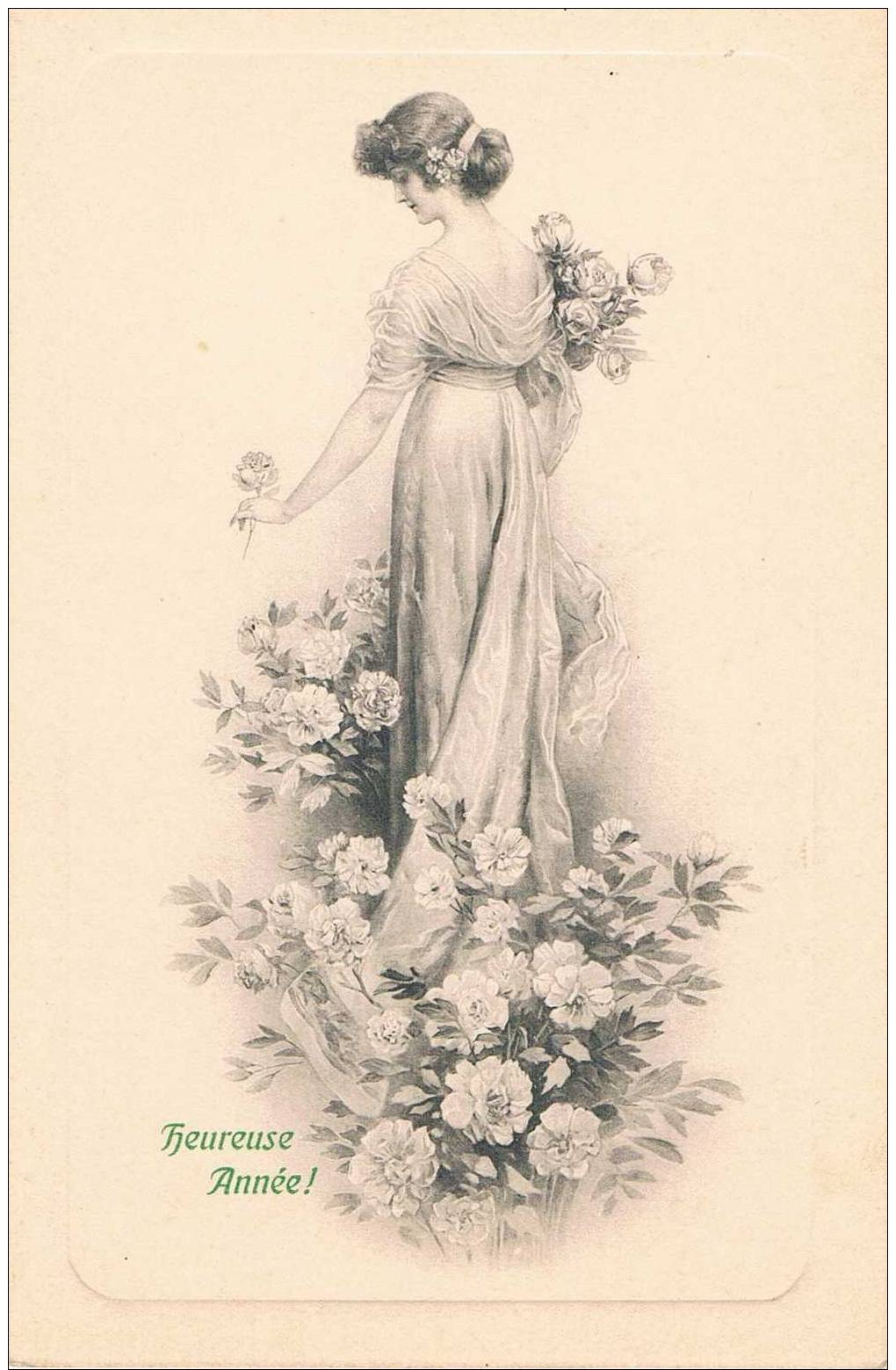 LOT DE 2 CARTES POSTALES - "heureuse Année" - Femme Aux Fleurs - New Year