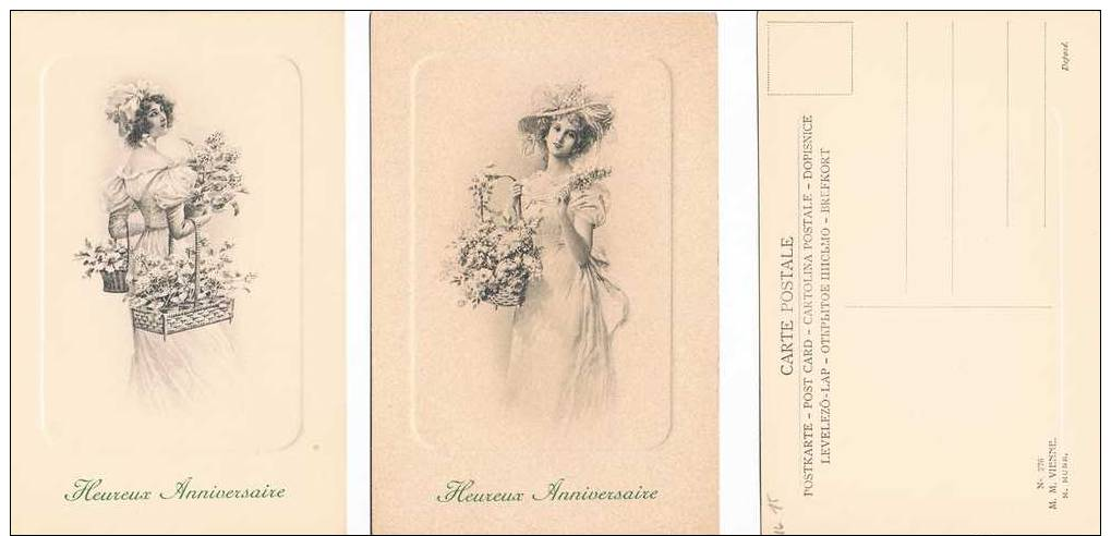 LOT DE 5 CARTES POSTALES - Anniversaire - Femme Aux Fleurs - Geburtstag