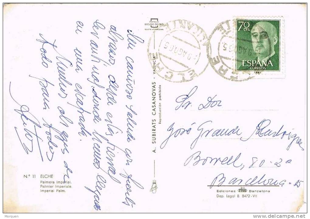 Postal ELCHE (Alicante) 1965. Palmera Imperial - Lettres & Documents