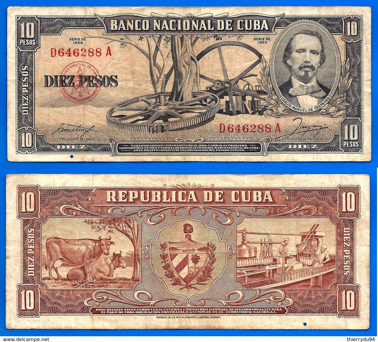 Cuba 10 Pesos 1958 Que Prix + Port Cespedes Peso Centavos Centavo Caraibe Skrill Bitcoin OK - Cuba