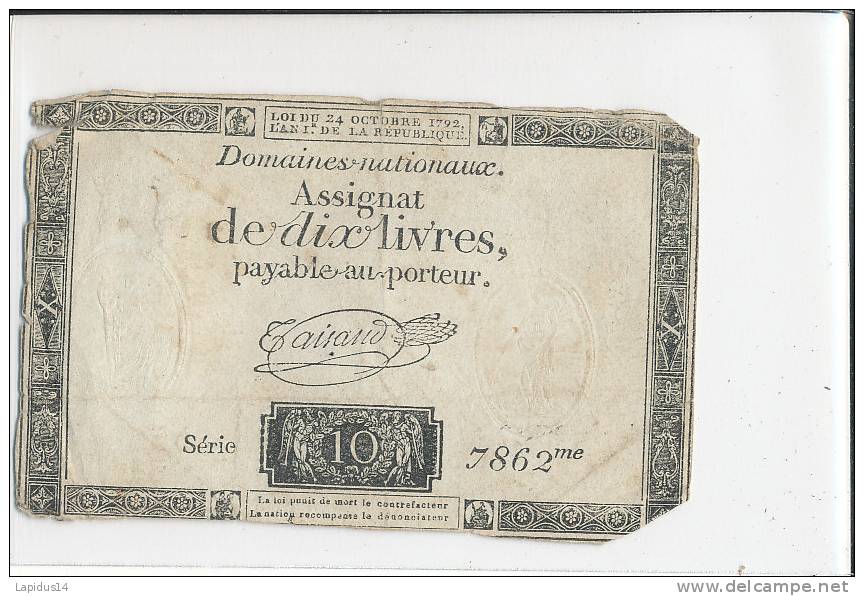 ASSIGNAT DE DIX LIVRES 1792 L'AN 1 - Assignats