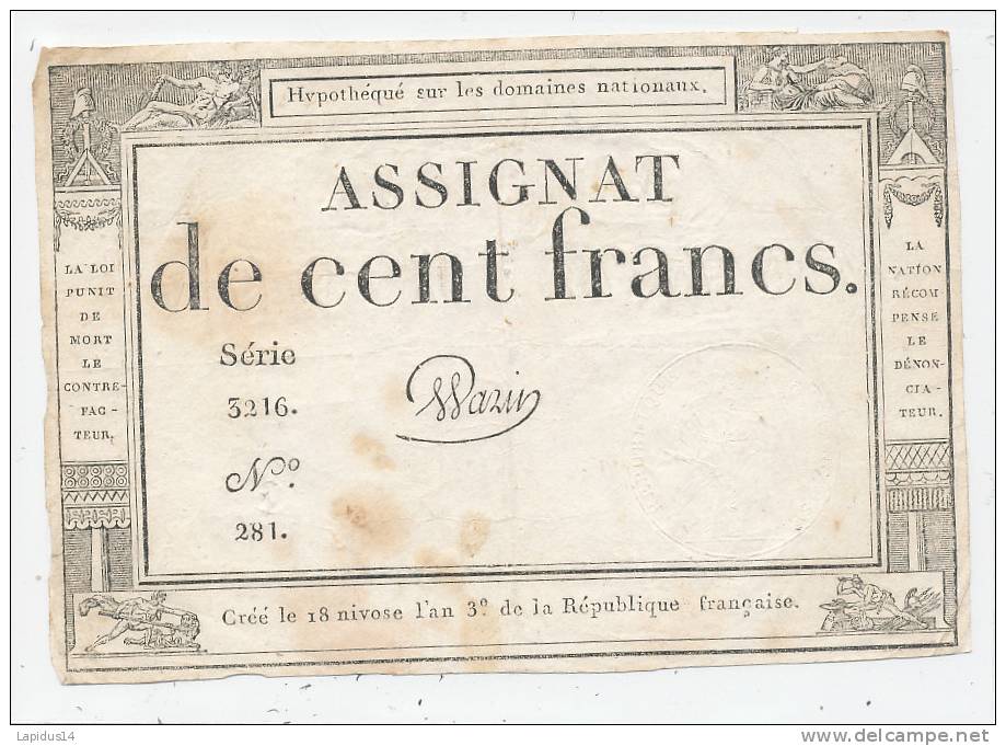 ASSIGNAT DE CENT FRANCS L'AN 3 - Assignats