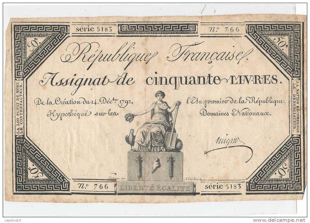 ASSIGNAT DE CINQUANTE LIVRES L'AN 1 - Assignats