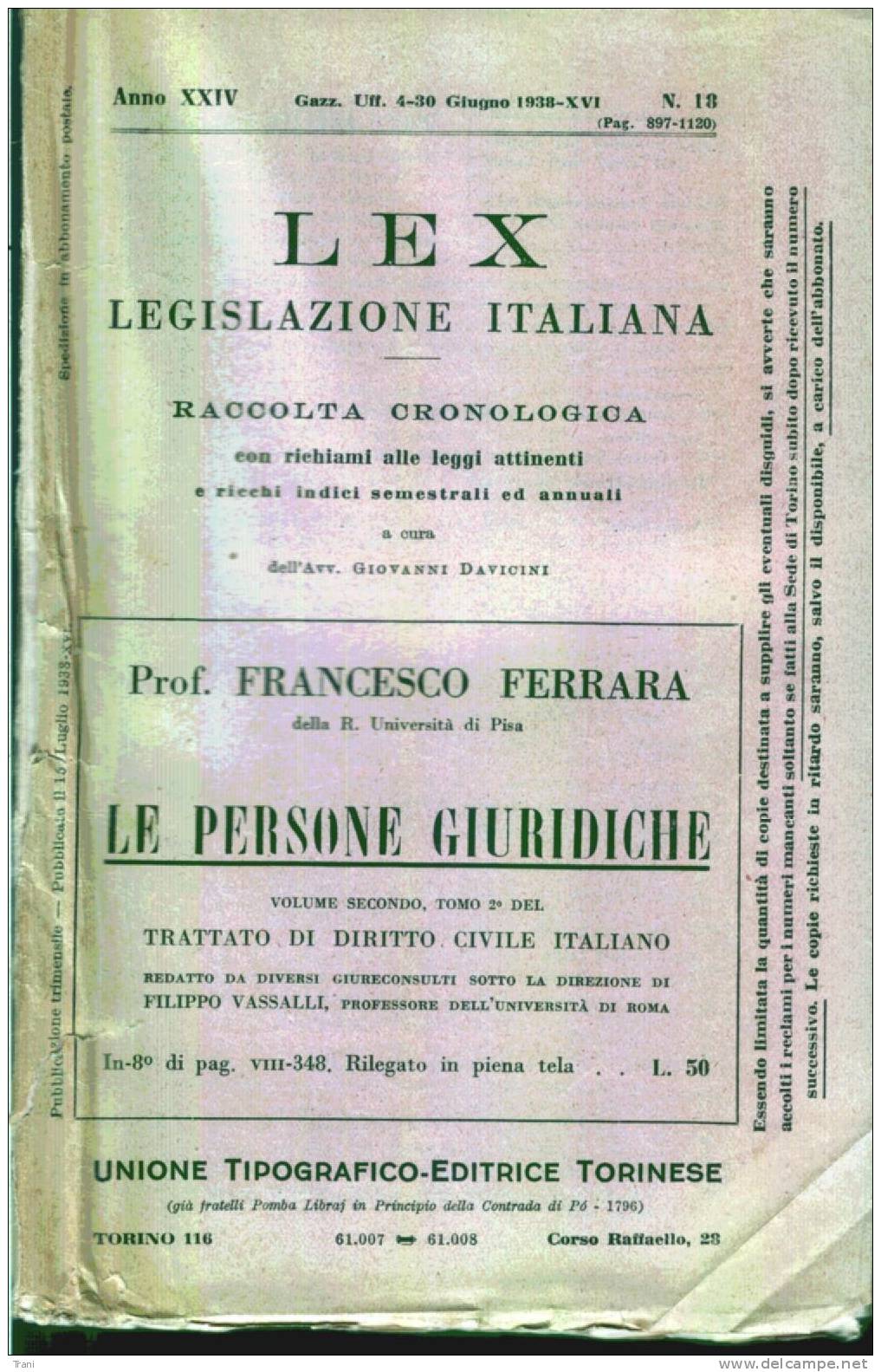 LEX - LEGISLAZIONE ITALIANA - N.18/1938 - Rechten En Economie