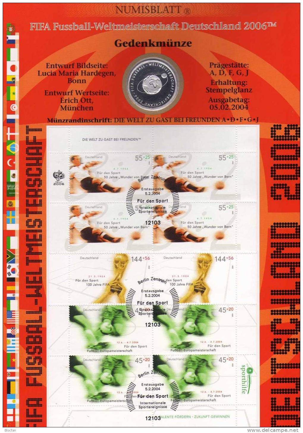 Fussball-WM 2006 Numisblatt 2004 Deutschland Mit 2382-6 Im 10-Block SST 40€ Soccer Set From Germany - Gedenkmünzen