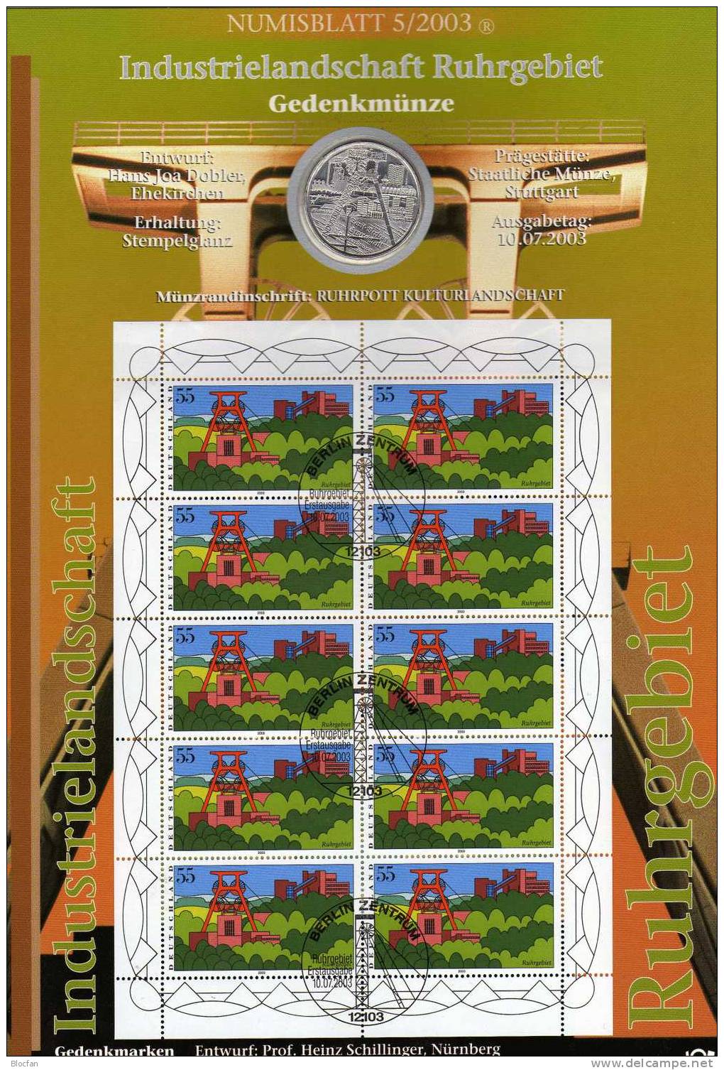 Industrie-Denkmal Ruhrpott Deutschland Numisblatt NB5/2003 Mit 2355 10-Kleinbogen SST 35€ Bergbau Bf Sheetlet Of Germany - Commémoratives