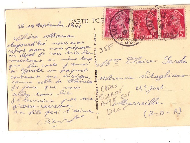 CARTE POSTALE DE CHATEL GUYON PUY DE DOME  AVEC VARIETE  DU TIMBRE PAIRE  IRIS 70CT ANGLE SUPERIEUR DROIT BISAUTE - Ungebraucht