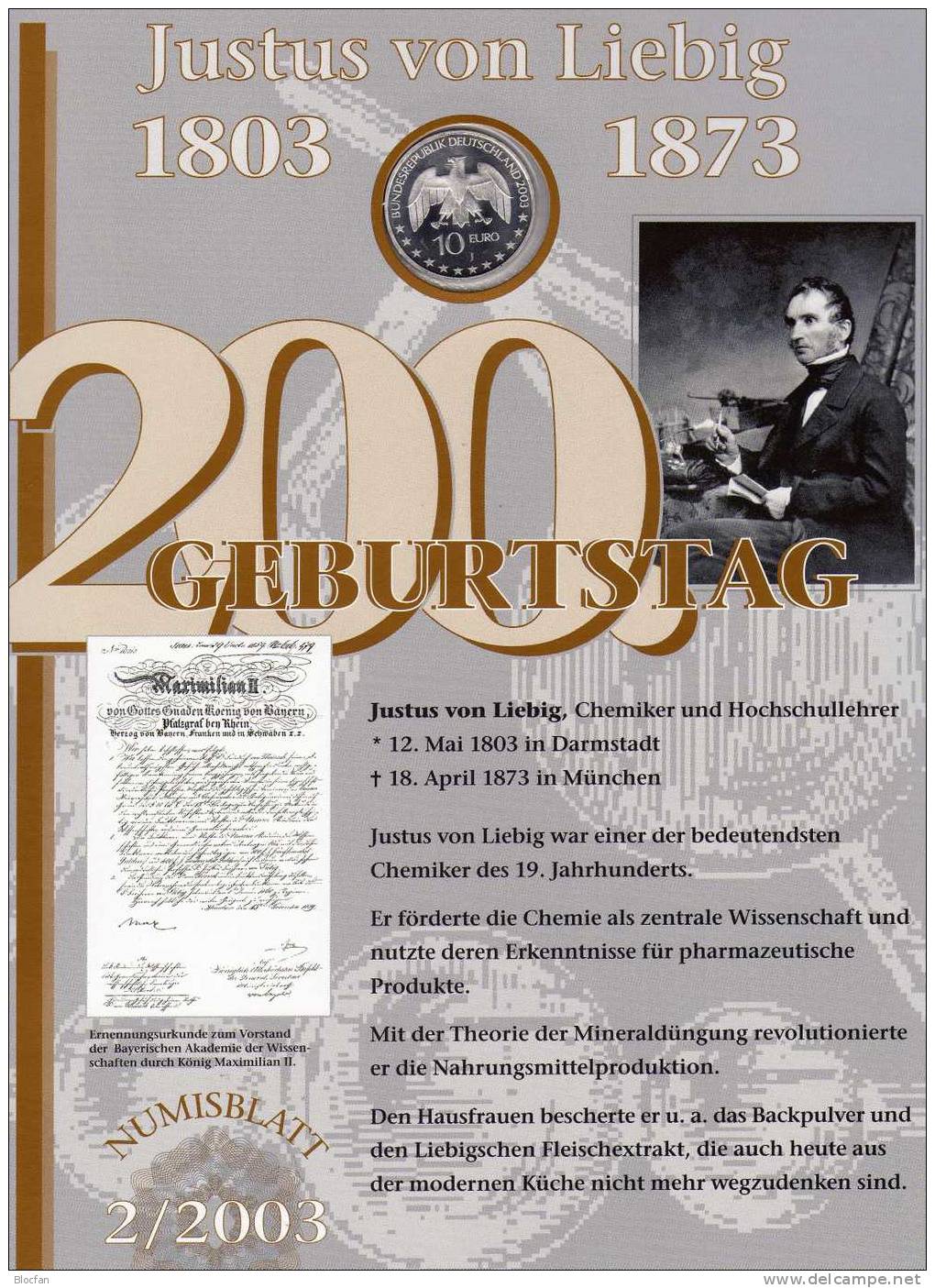 Justus V.Liebig Deutschland Numisblatt 2/2003 Mit 2337 Kleinbogen SST 35€ Fleischextrakt Bf Document Sheetlet Of Germany - Gedenkmünzen