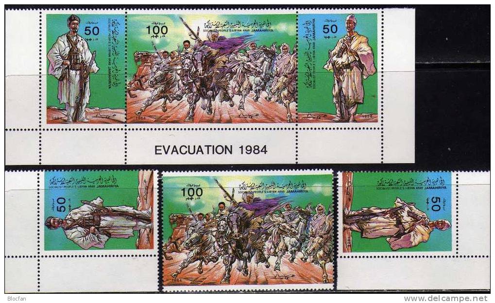 Revolution Libyen 1405-7+ Streifen ** 5€ Oberst Gaddafi And The Evacuation 1984 Hb M/s Military Se-tenant Sheet Bf Libya - Libia