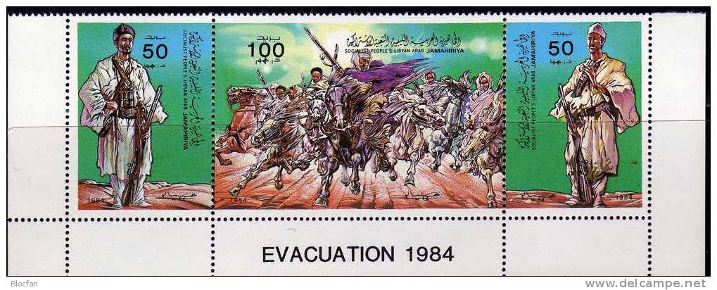 Revolution Libyen 1405-7+ Streifen ** 5€ Oberst Gaddafi And The Evacuation 1984 Hb M/s Military Se-tenant Sheet Bf Libya - Libia