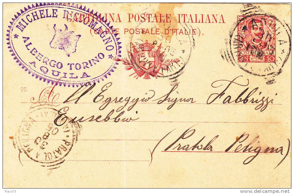 ACQUILA - PRATOLA PELIGNA - Card / Cartolina Pubblicitaria Con Firma  30.08.1905 - " Albergo Torino" - Reclame