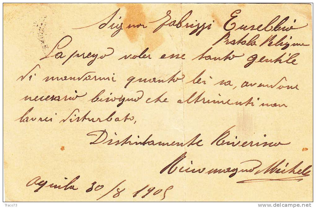 ACQUILA - PRATOLA PELIGNA - Card / Cartolina Pubblicitaria Con Firma  30.08.1905 - " Albergo Torino" - Reklame